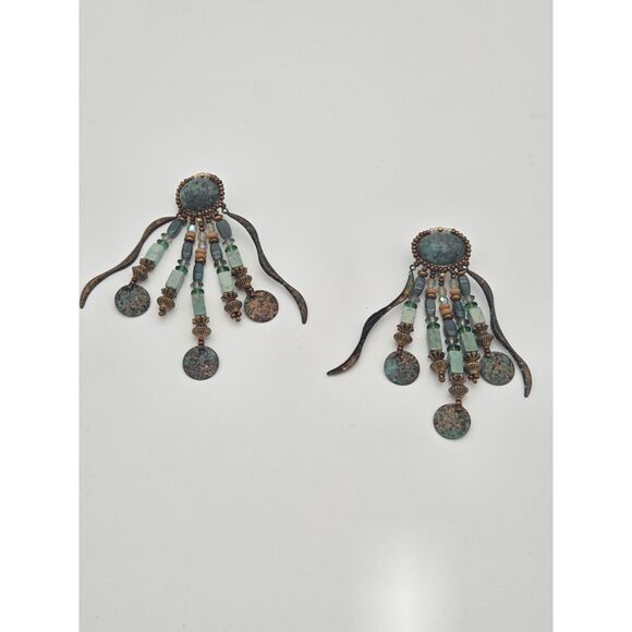 Source Unknown Jewelry - Artisan Beaded Clip On Earrings Turquoise Verdigris Dangle Statement 3.25 in